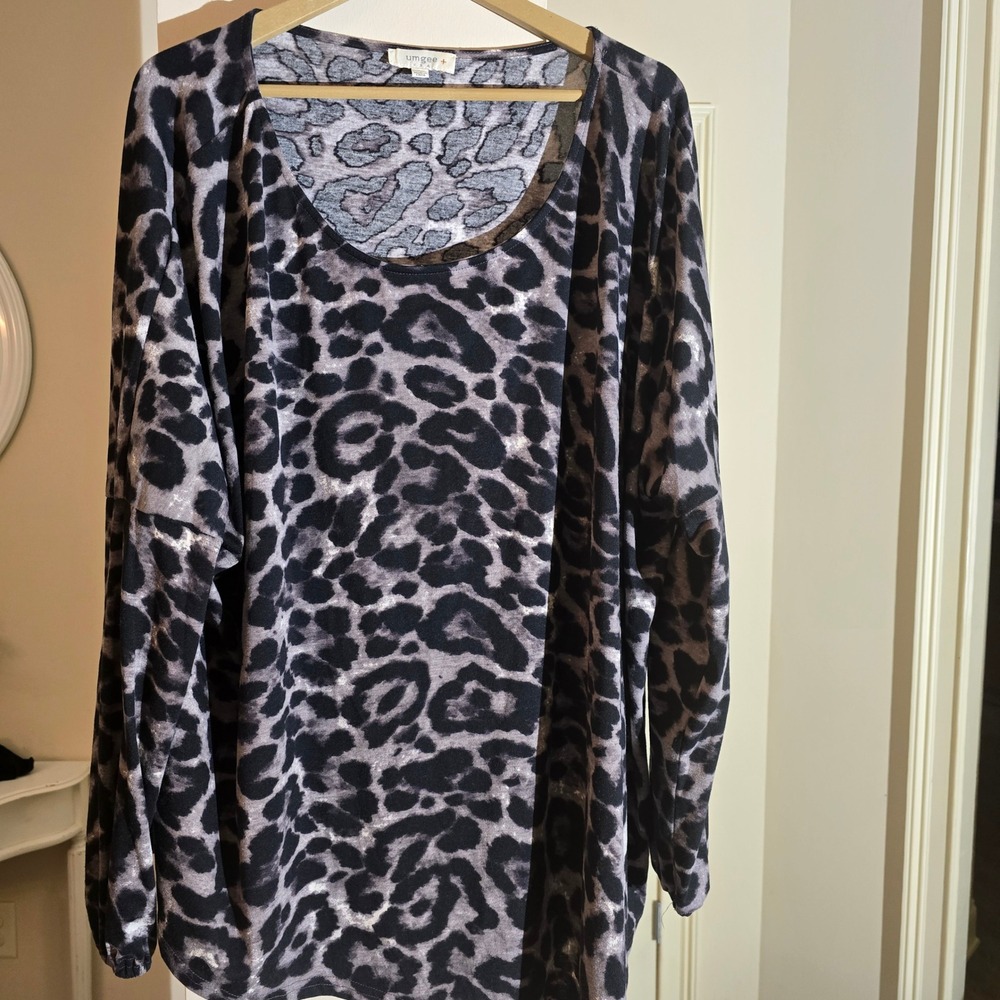 Umgee USA Plus Size 1XL Leopard Print Long‎ Sleeve Scoop Neck Top Gray Black